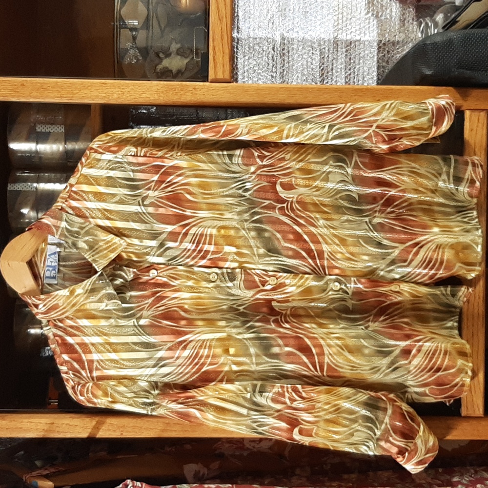 BEA Classics Multicolor Metalic LS Striped Button Front Blouse Red/Gold Sz PL